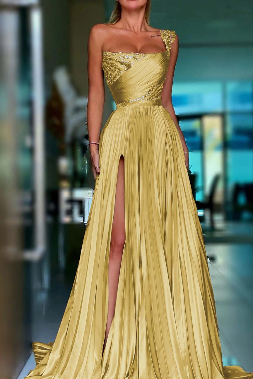 One Shoulder Prom Dress Gold Sequined Sleeveless Long Evening Formal Dress With High Split