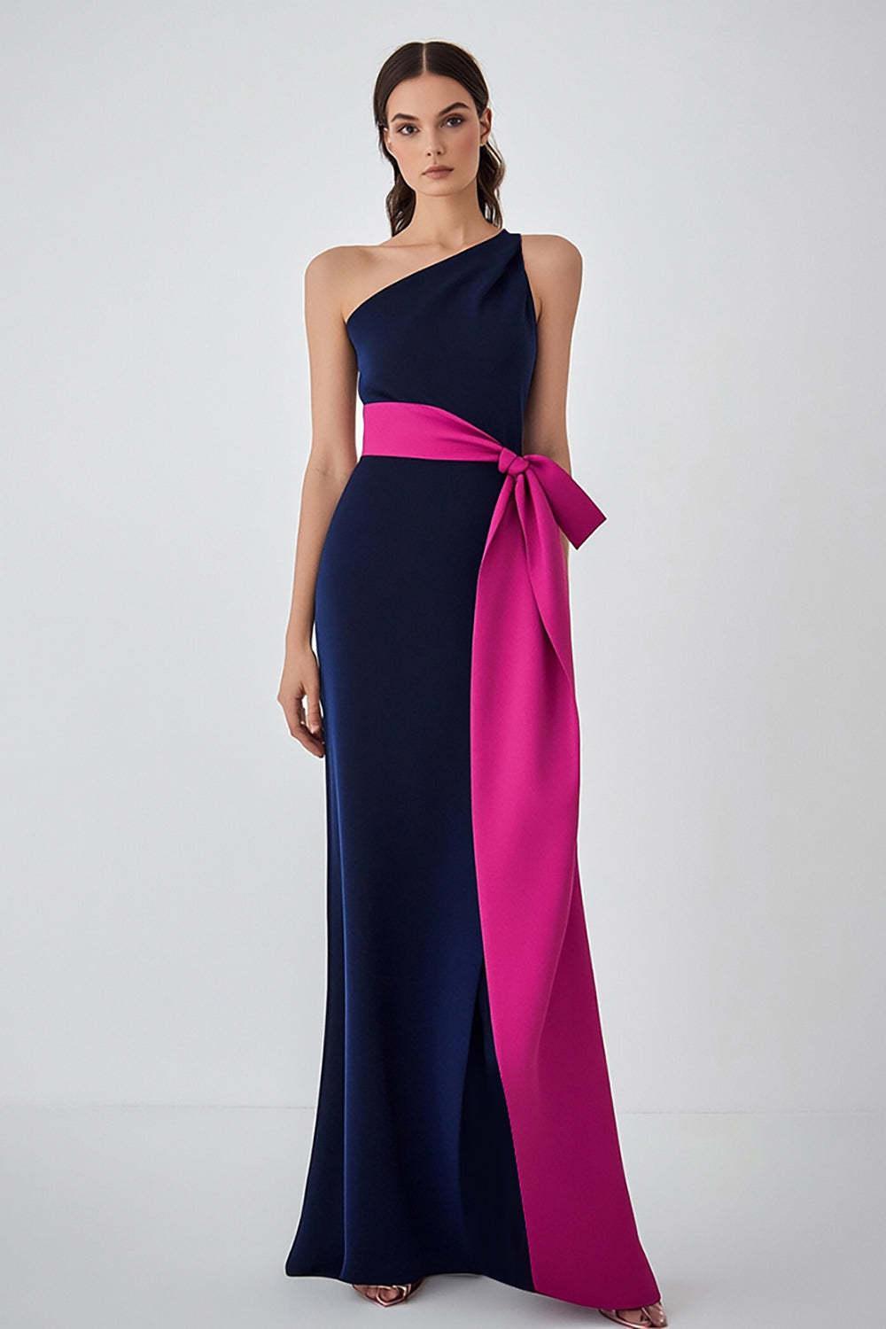 One Shoulder Satin Navy Fuchsia Wedding Guest Dress Long Formal Dress