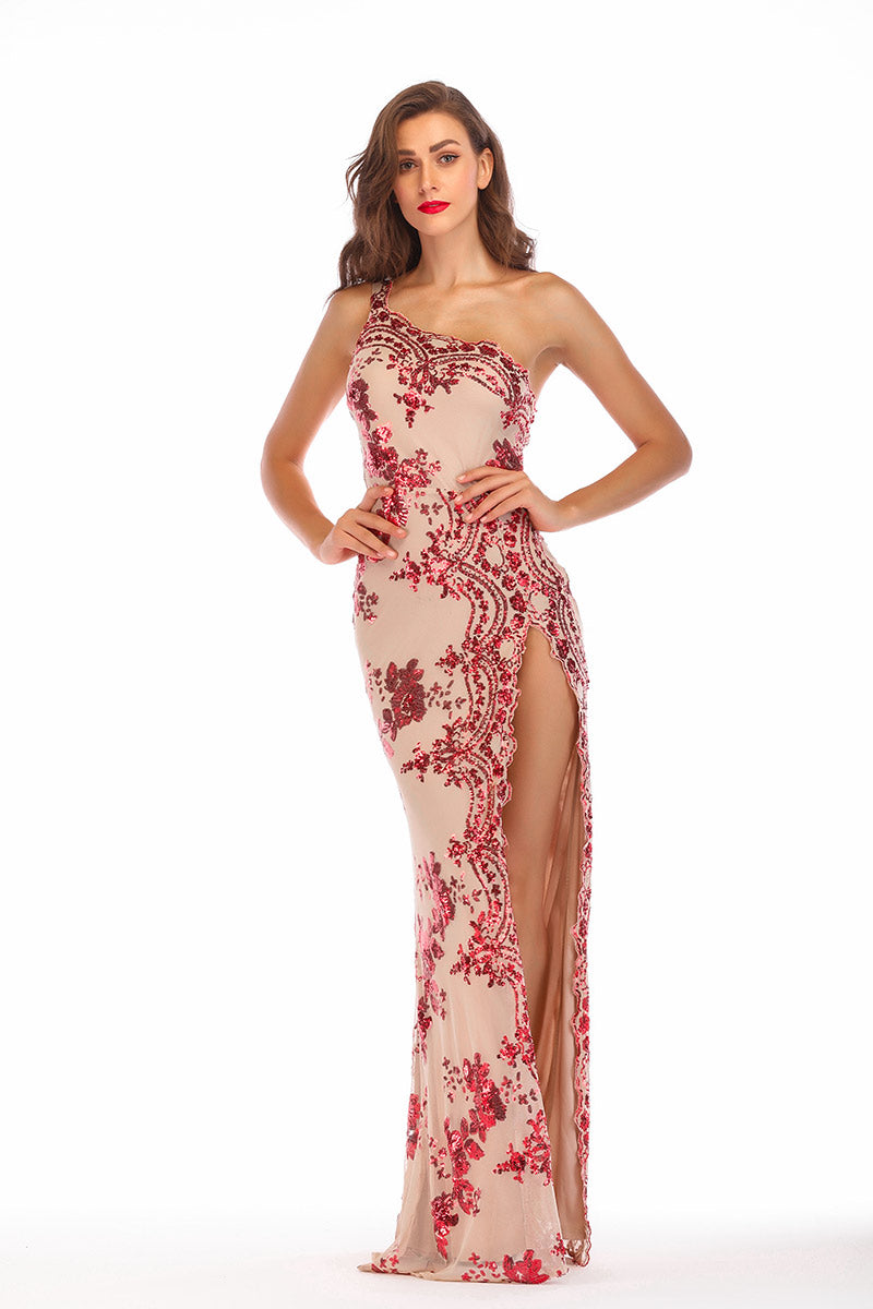 One Shoulder Sequined Thigh-high Slit Prom Dress - Fashionpara