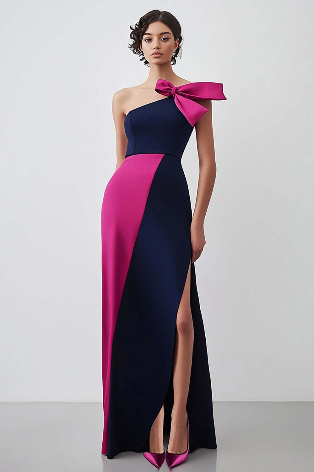 One Shoulder Sheath Navy Fuchsia Wedding Guest Dress Long Formal Dress With Slit