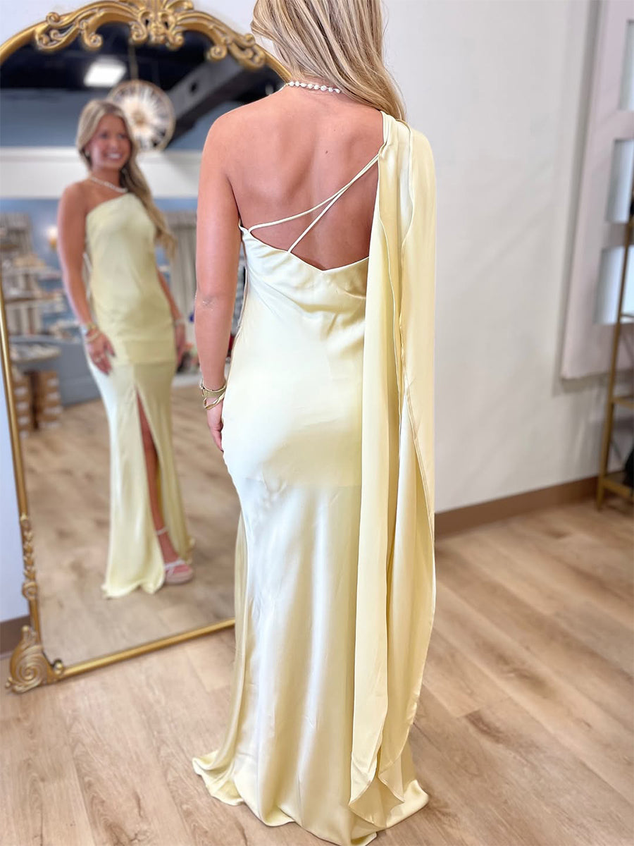 One-Shoulder Satin Maxi Dress with High Slit