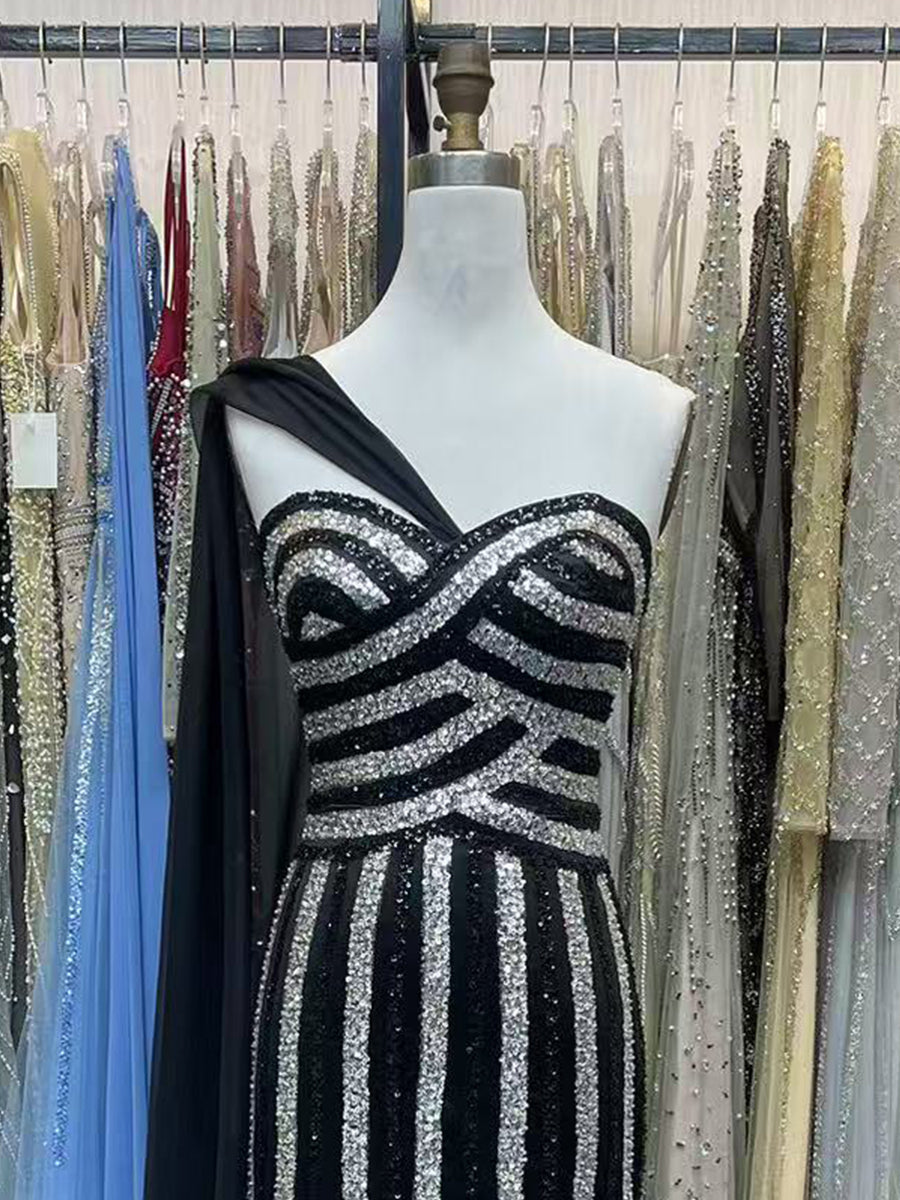 One-Shoulder Sequin Stripe Gown with Chiffon Cape