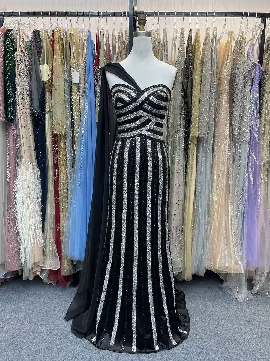 One-Shoulder Sequin Stripe Gown with Chiffon Cape