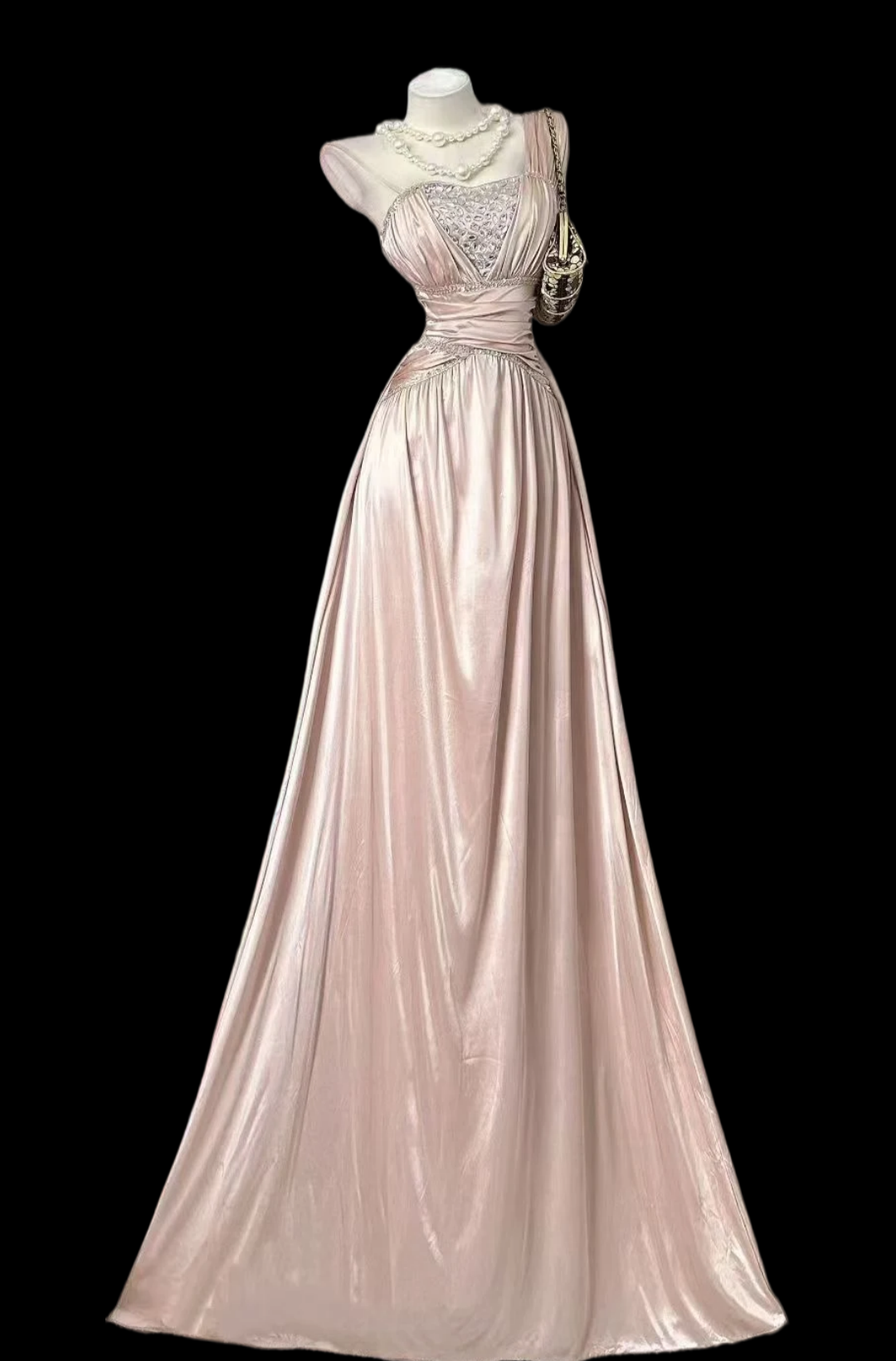 One-Shoulder A-Line Satin Prom Dress Beaded Evening Dress