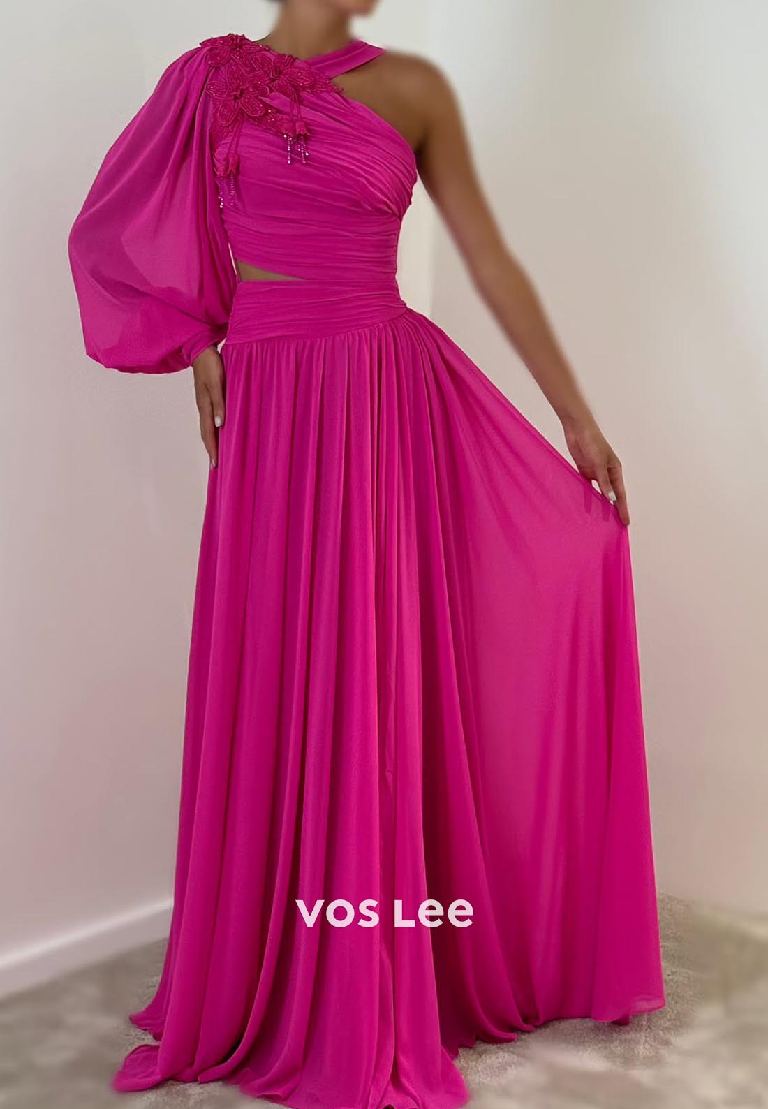 A-line Floor-Length Asymmetrical Neck Satin Formal Dresses