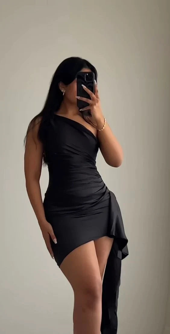 One-Shoulder Black Short Homecoming Dress Satin Birthday Dress