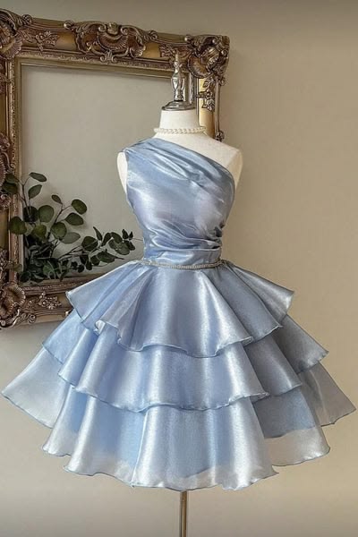 One-Shoulder Blue A-Line Homecoming Dress Layered Party Dress