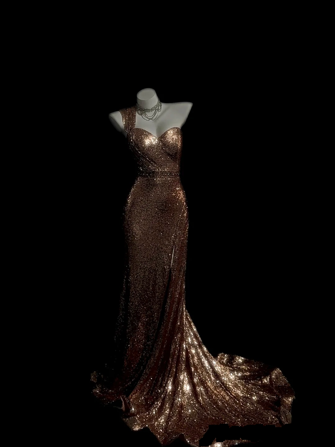 One-Shoulder Champagne Gold Prom Dress Sequin Mermaid Evening Dress