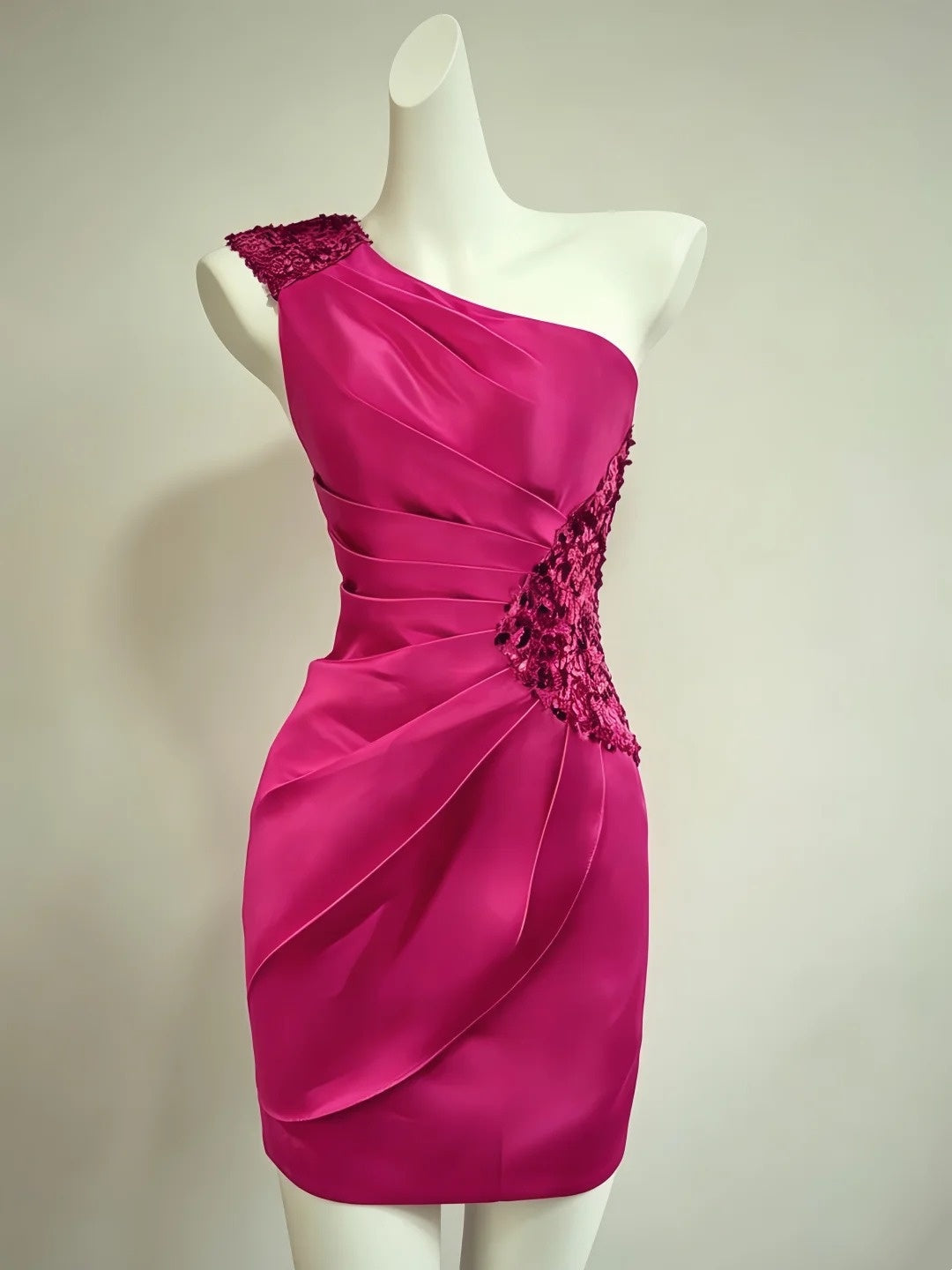 One-Shoulder Hot Pink Satin Homecoming Dress