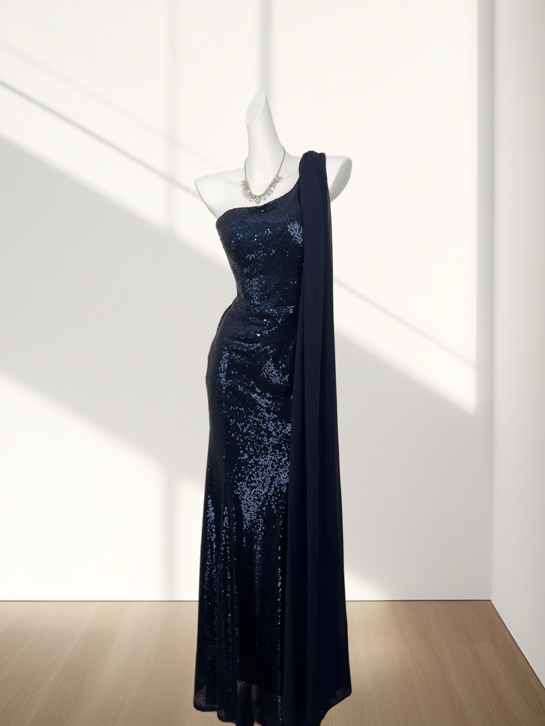 One-Shoulder Navy Blue Sheath Evening Dress Sequins Prom Dress
