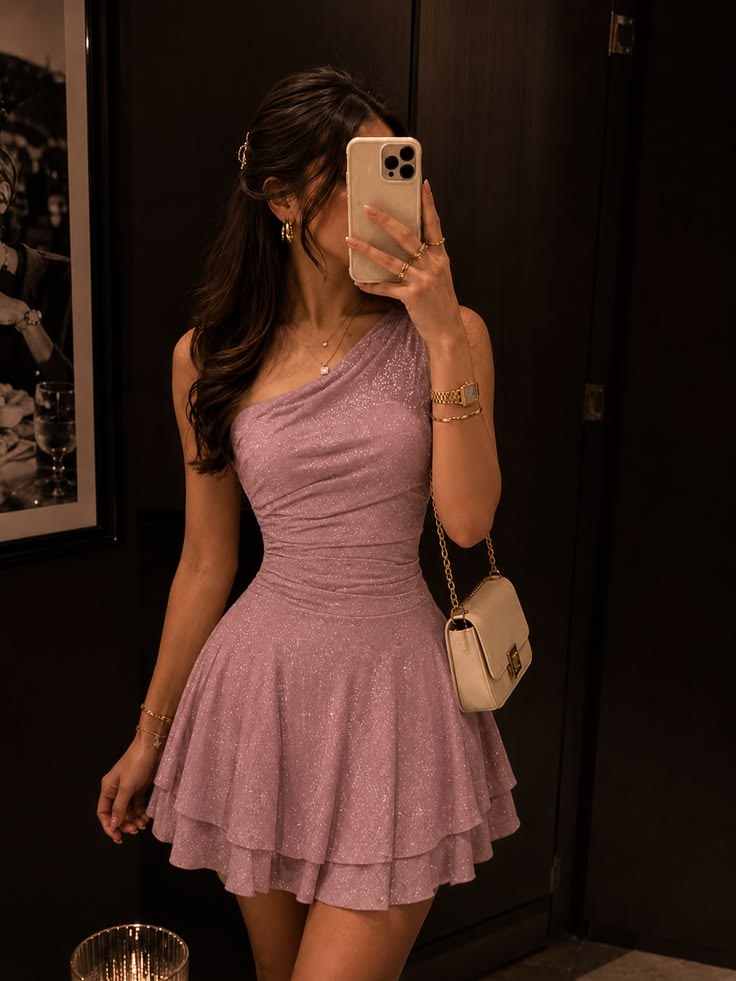 One-Shoulder Pink Sparkle Homecoming Dress Short Birthday Dress