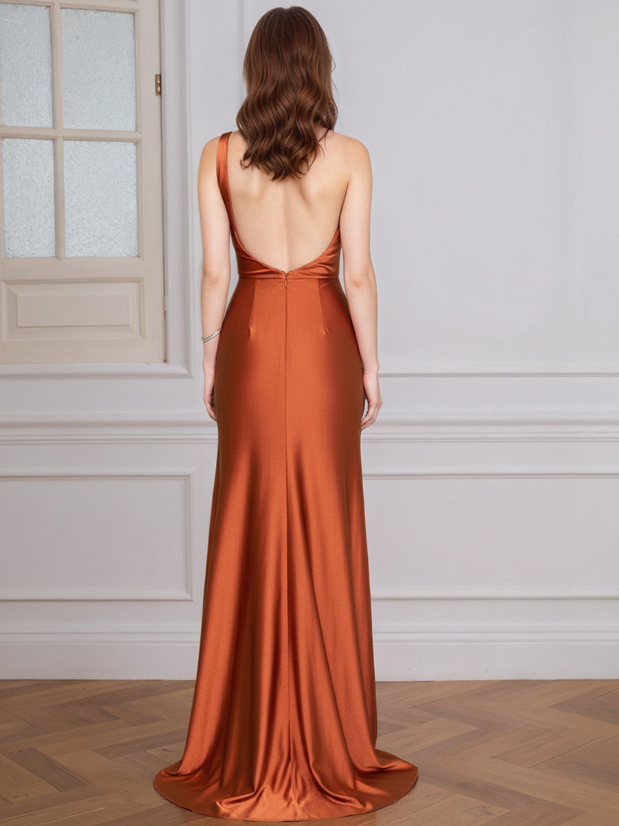One-Shoulder Prom Dress Simple Stretchy Long Bridesmaid Evening Gown - View 2 | FashionDia