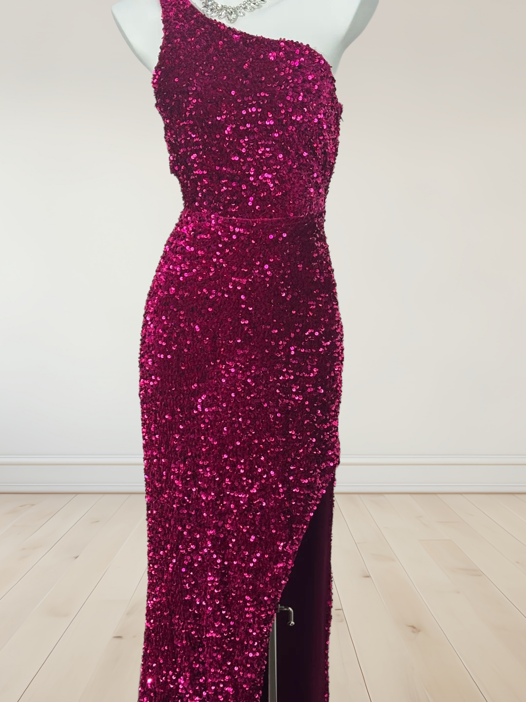 One-Shoulder Rose Pink Sequin Prom Dress Sheath Evening Dress