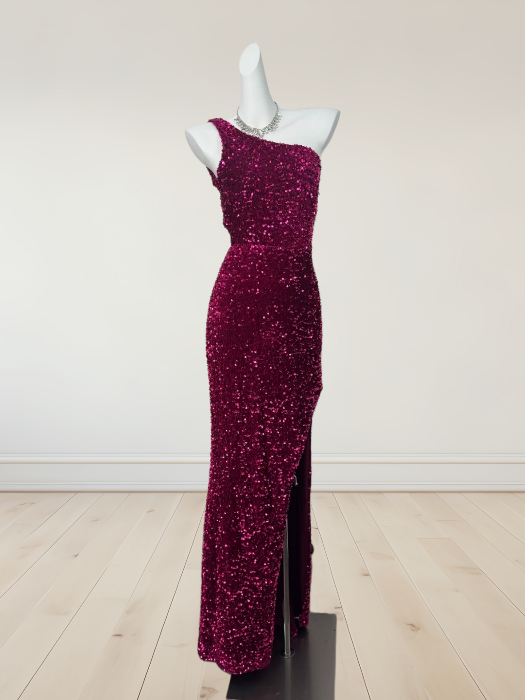 One-Shoulder Rose Pink Sequin Prom Dress Sheath Evening Dress