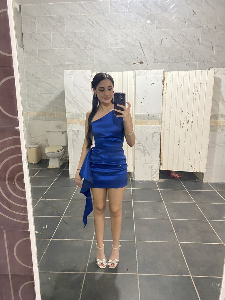 One-Shoulder Royal Blue Satin Sheath Homecoming Dress