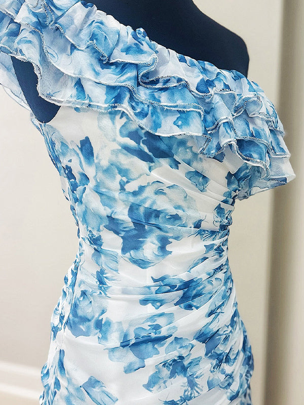 One Shoulder Ruffled Ruched Empire Floral Homecoming Dress