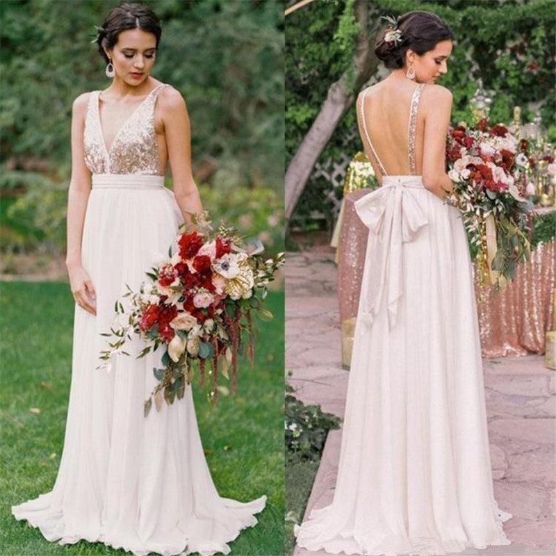 Open Back Bridesmaid Dresses  | V-neck Sequins Chiffon Maid of Honor Dress Sexy