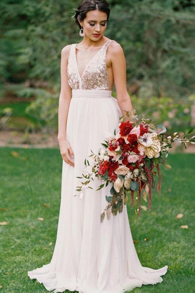 Open Back Bridesmaid Dresses  | V-neck Sequins Chiffon Maid of Honor Dress Sexy