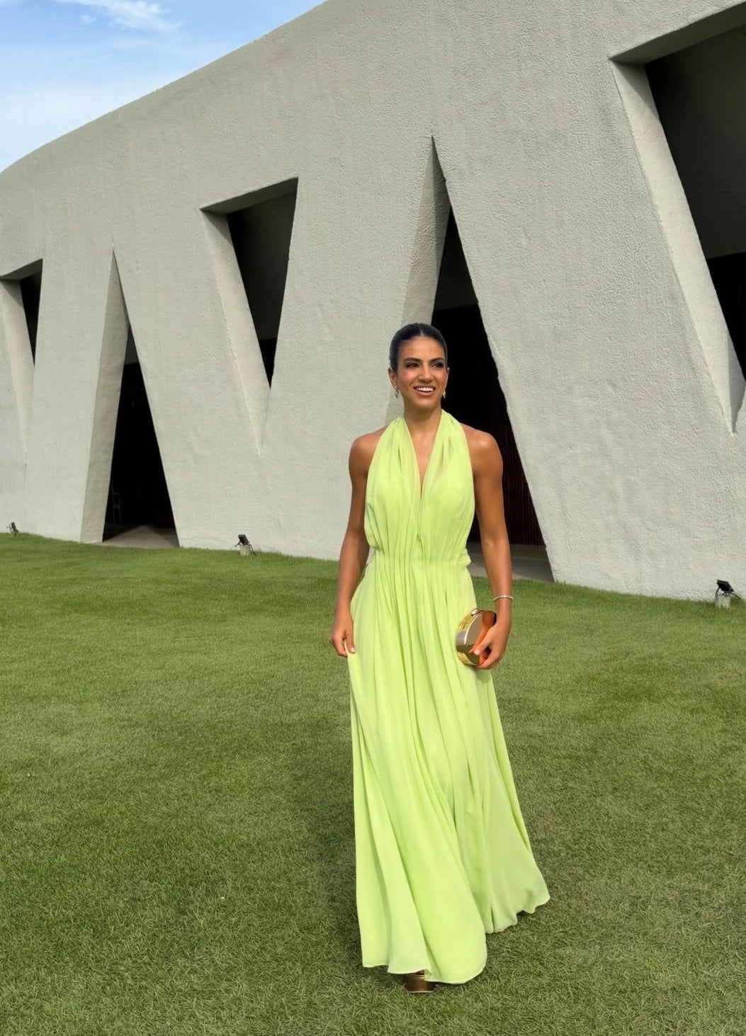 Open Back Green Chiffon Wedding Guest Dress  J9947