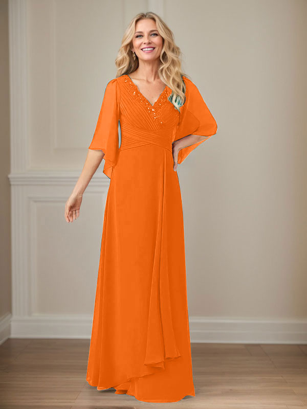 A-Line V-Neck Long Sequins Chiffon Mother Dress