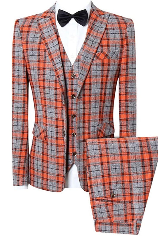 Orange Plaid Peaked Lapel 3 Piece Chic Business Suit