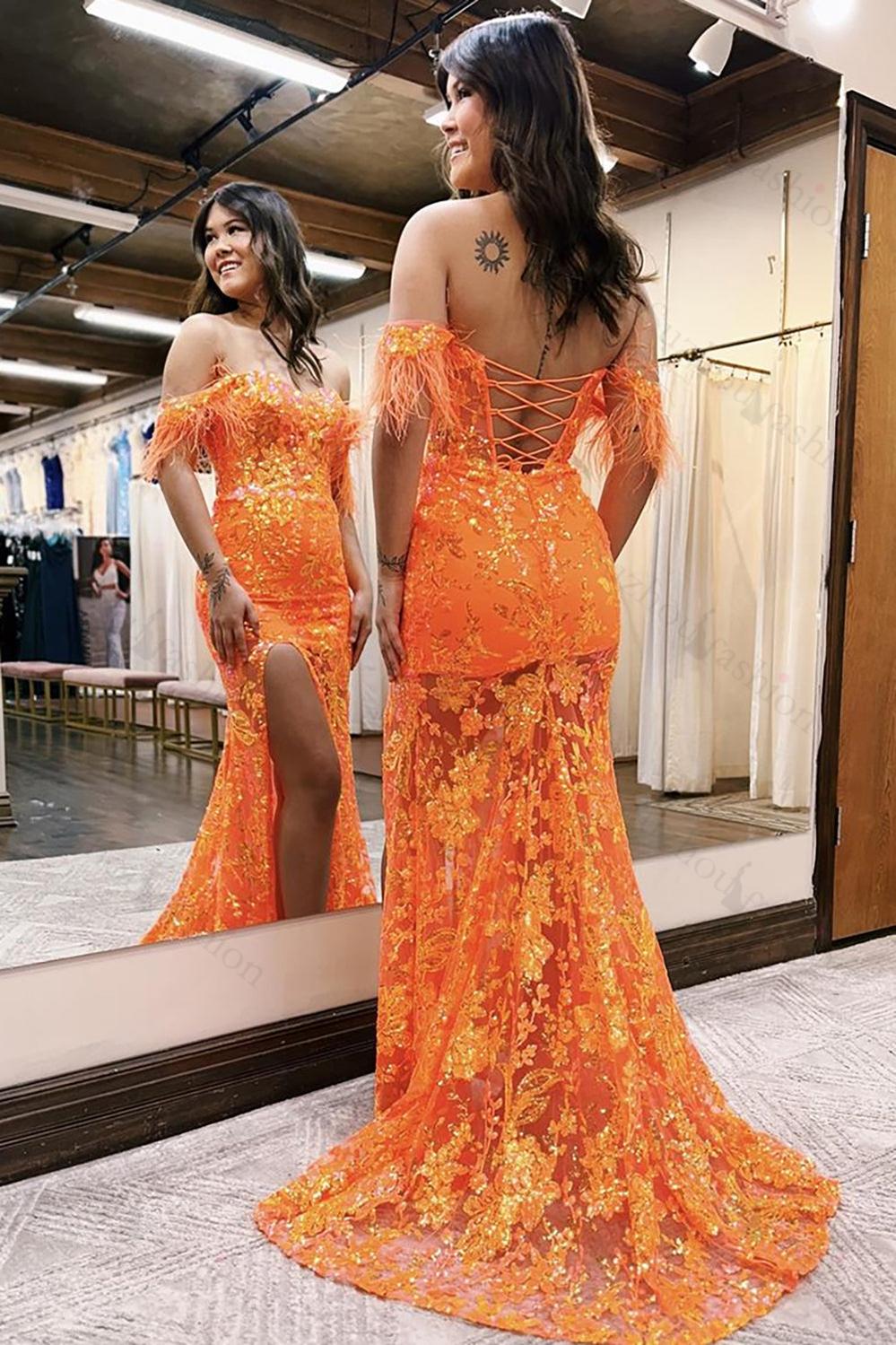 Orange Prom Dress Mermaid Off The Shoulder Feathered Long Formal Dress With Slit