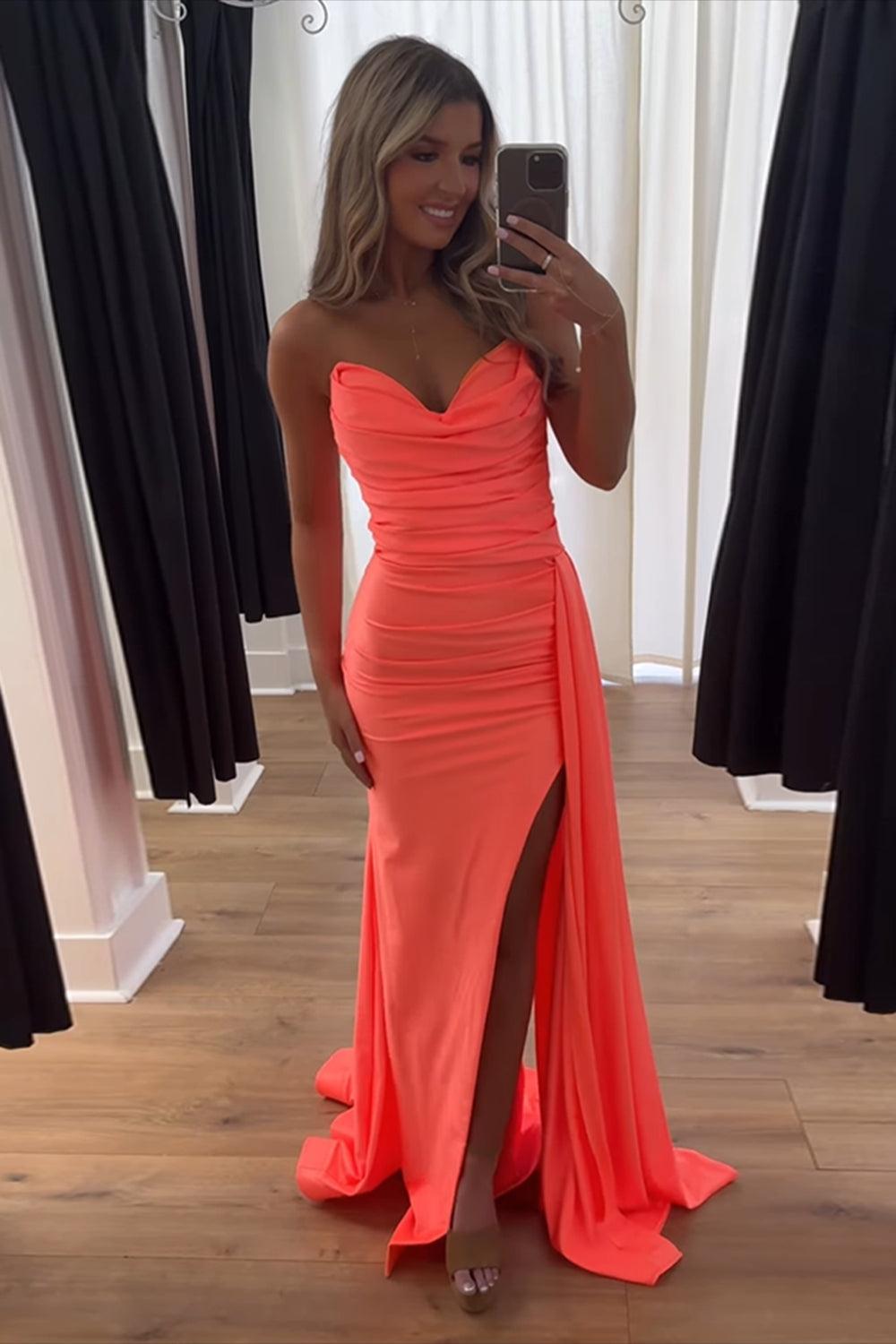 Orange Prom Dress Ruched Mermaid Side Cape Long Formal Dress With Slit