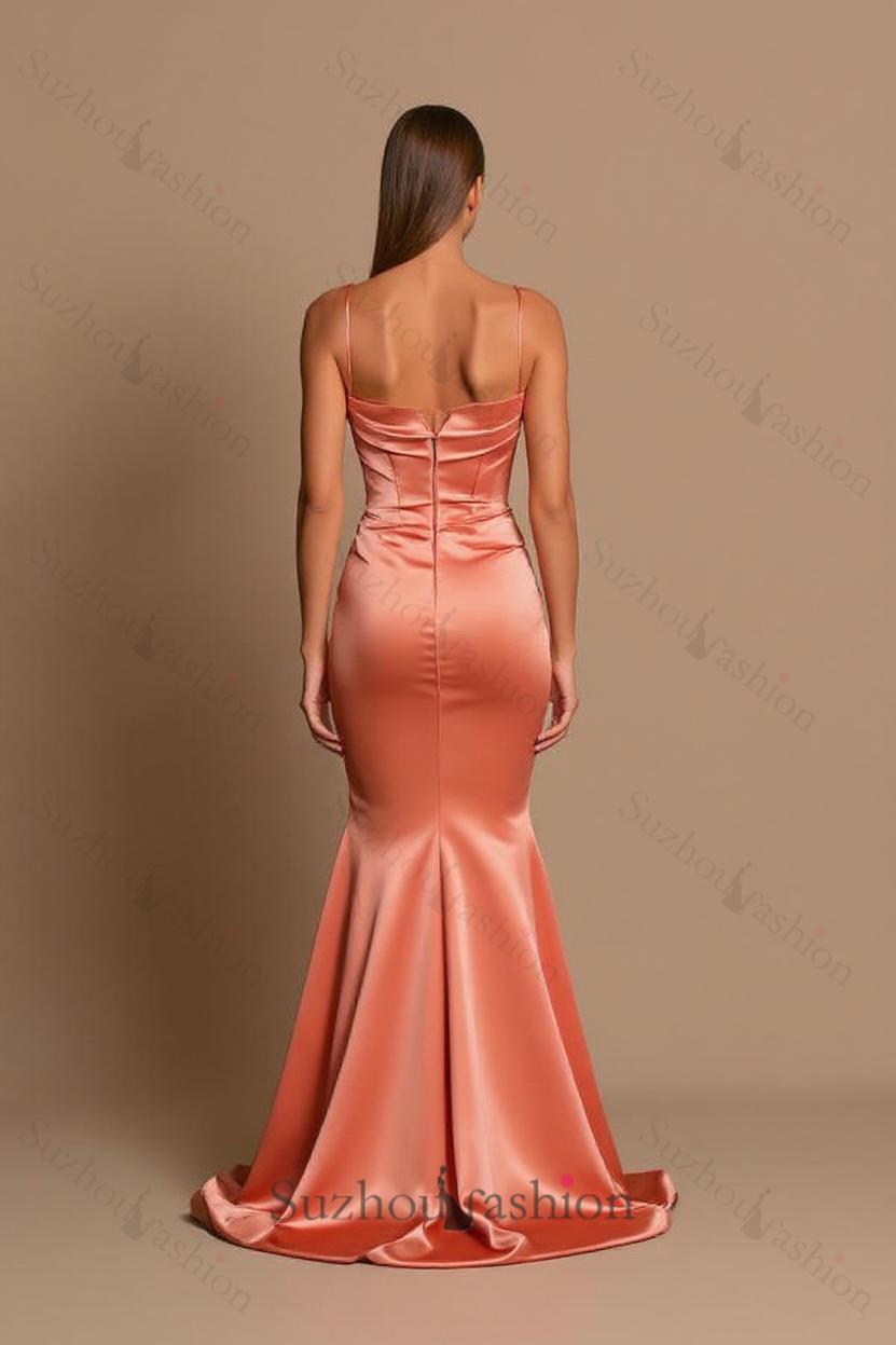 Orange Prom Dress Spaghetti Straps Mermaid Satin Formal Dress