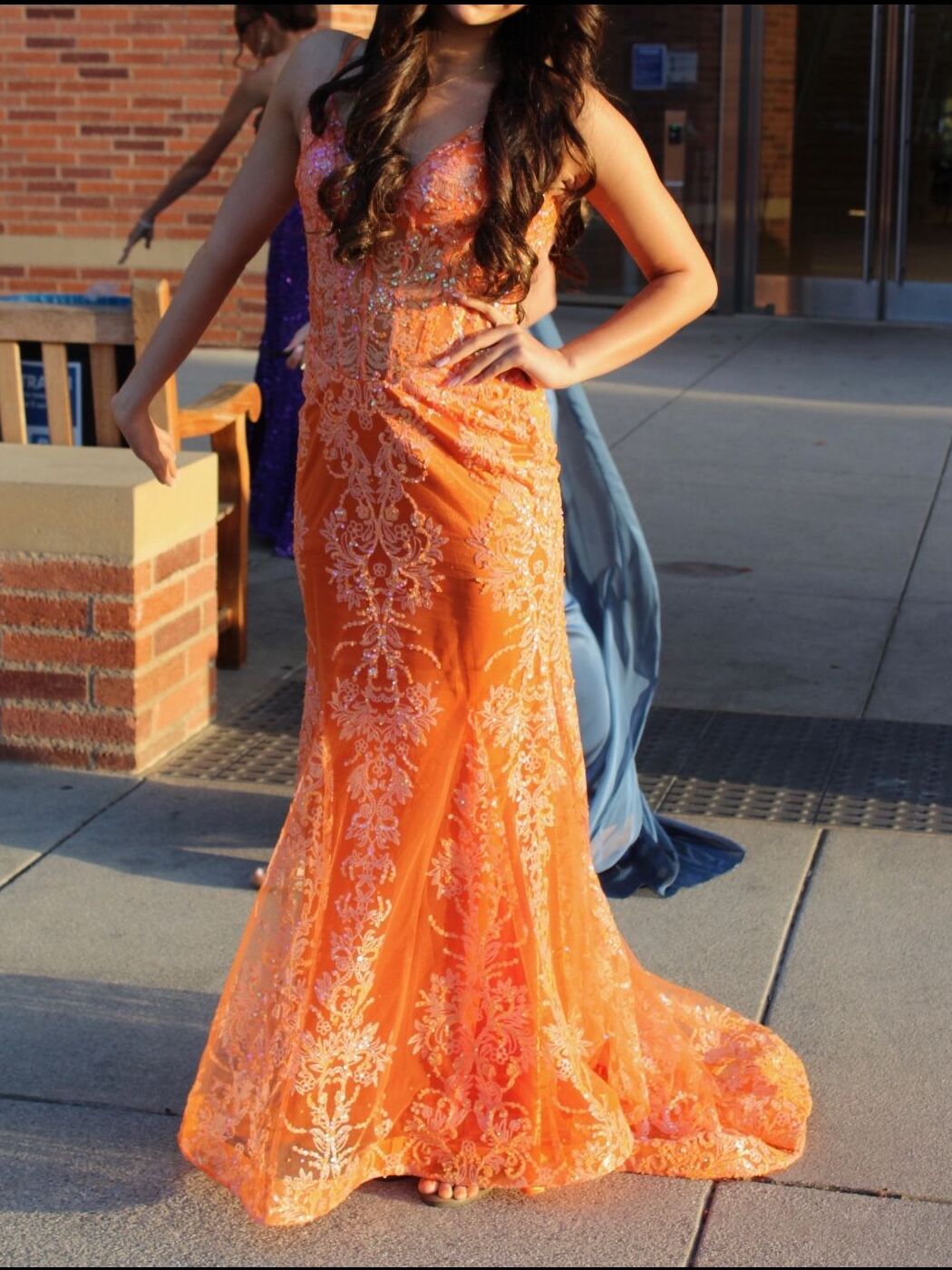 Orange Mermaid Spaghetti Straps Sequins Applique Prom Dress