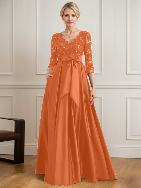A-line V-Neck Floor-Length Satin Lace Mother of the Bride Dress With Sequins Bow