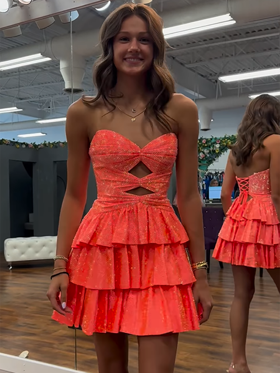 A Line Strapless Sweetheart Satin Short Homecoming Dress with Keyhole