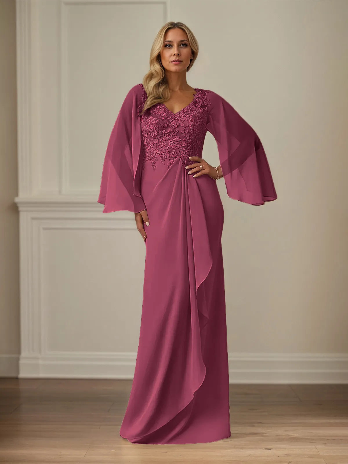 Sheath/Column Chiffon V Neck Long Sleeves Floor Length Mother of the Bride Dresses With Appliques