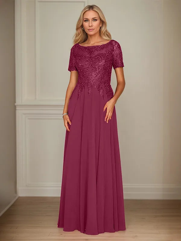 A-Line Chiffon Boat Neck Short Sleeves Floor-Length Mother of the Bride Dresses