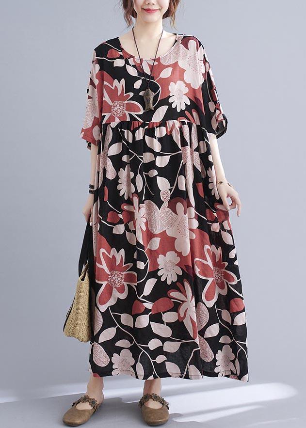 Organic Black Print O-Neck Linen Cotton Maxi Summer Cotton Dress