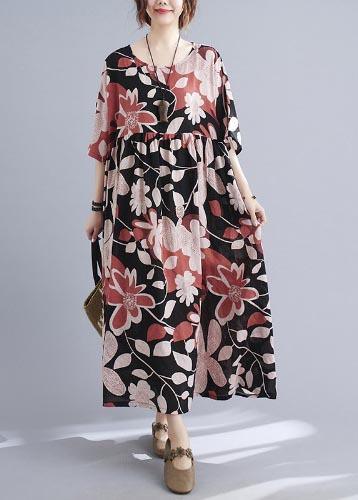 Organic Black Print O-Neck Linen Cotton Maxi Summer Cotton Dress