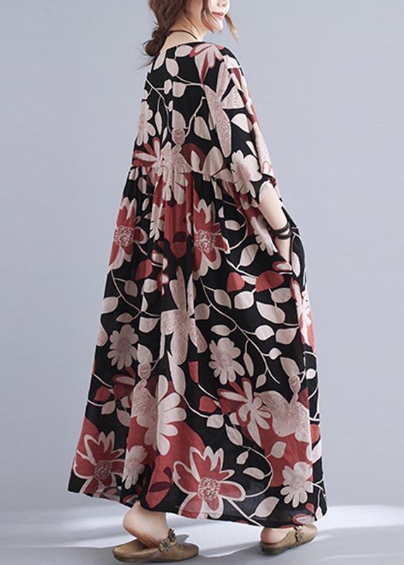 Organic Black Print O-Neck Linen Cotton Maxi Summer Cotton Dress