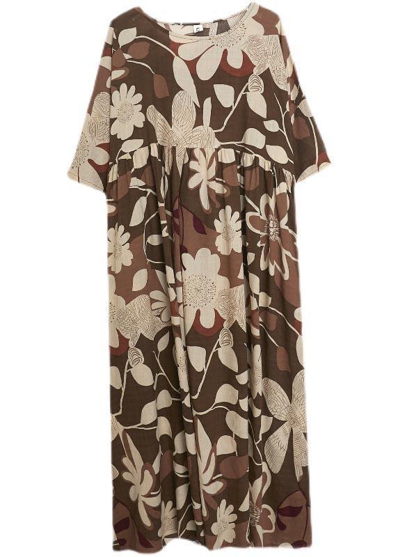 Organic Black Print O-Neck Linen Cotton Maxi Summer Cotton Dress
