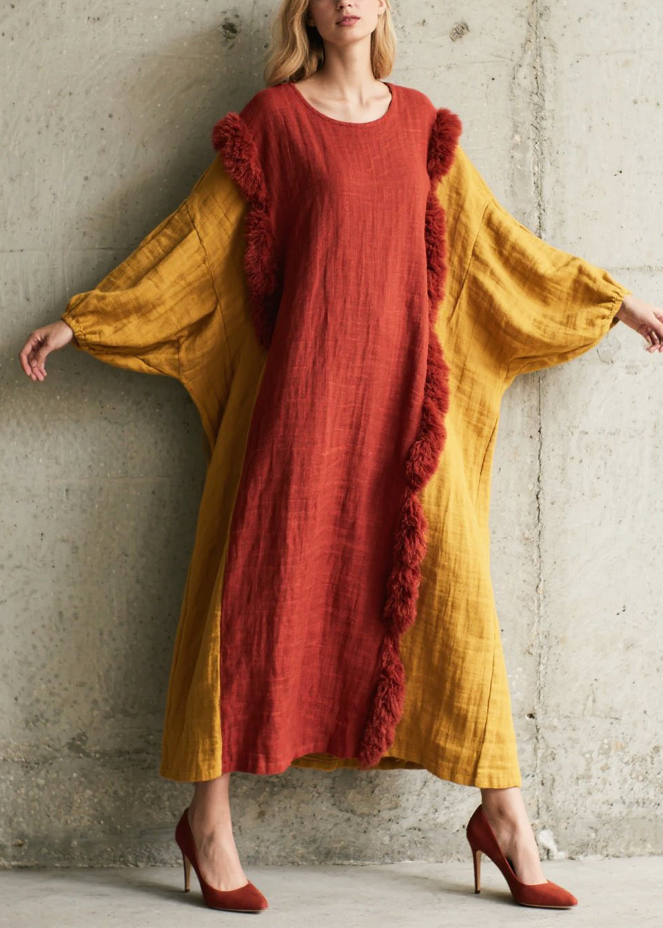 Organic Colorblock Oversized Patchwork Faux Fur Long Dresses Batwing Sleeve