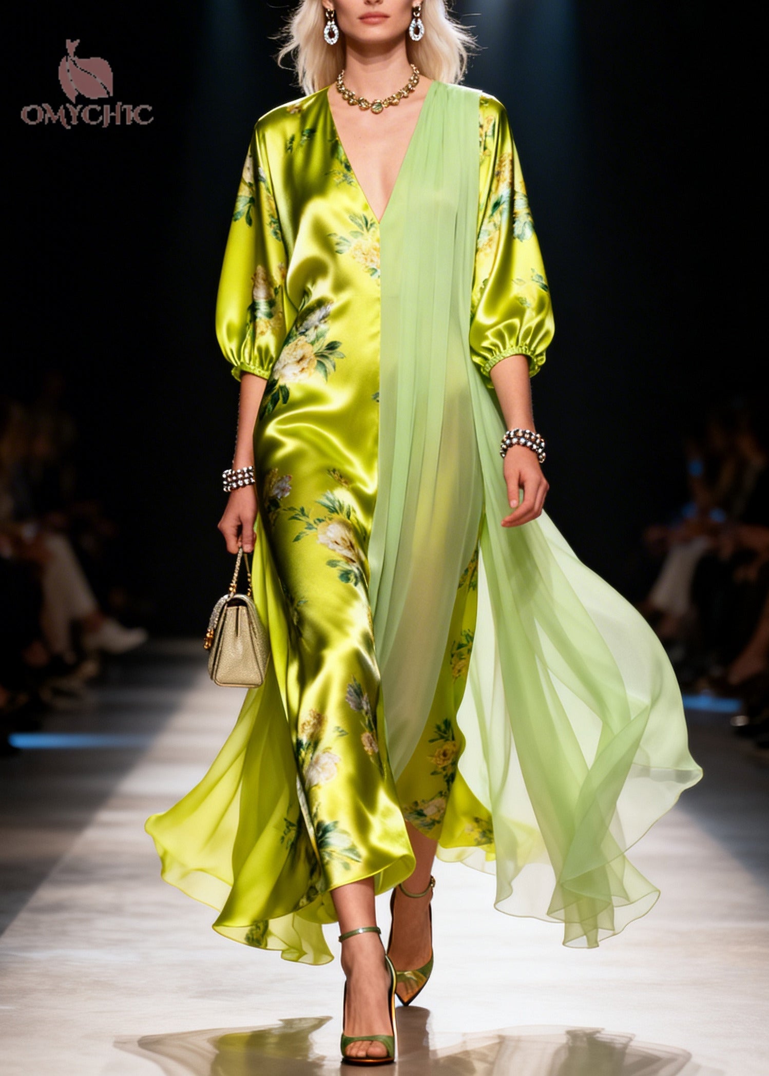 Organic Grass Green Asymmetrical Patchwork Silk Ankle Dress Summer