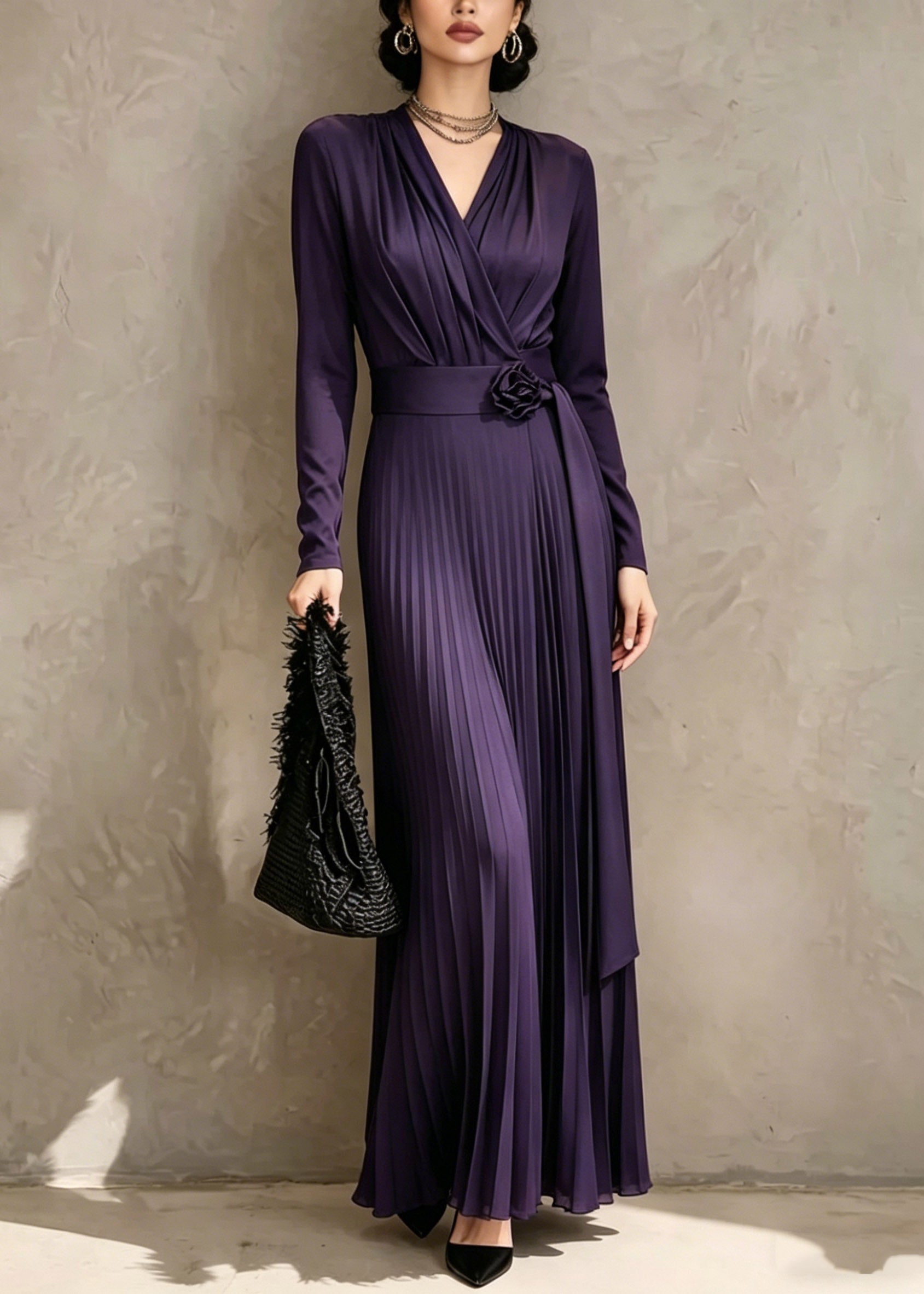 Organic Purple V Neck Tunic Solid Maxi Dress Fall