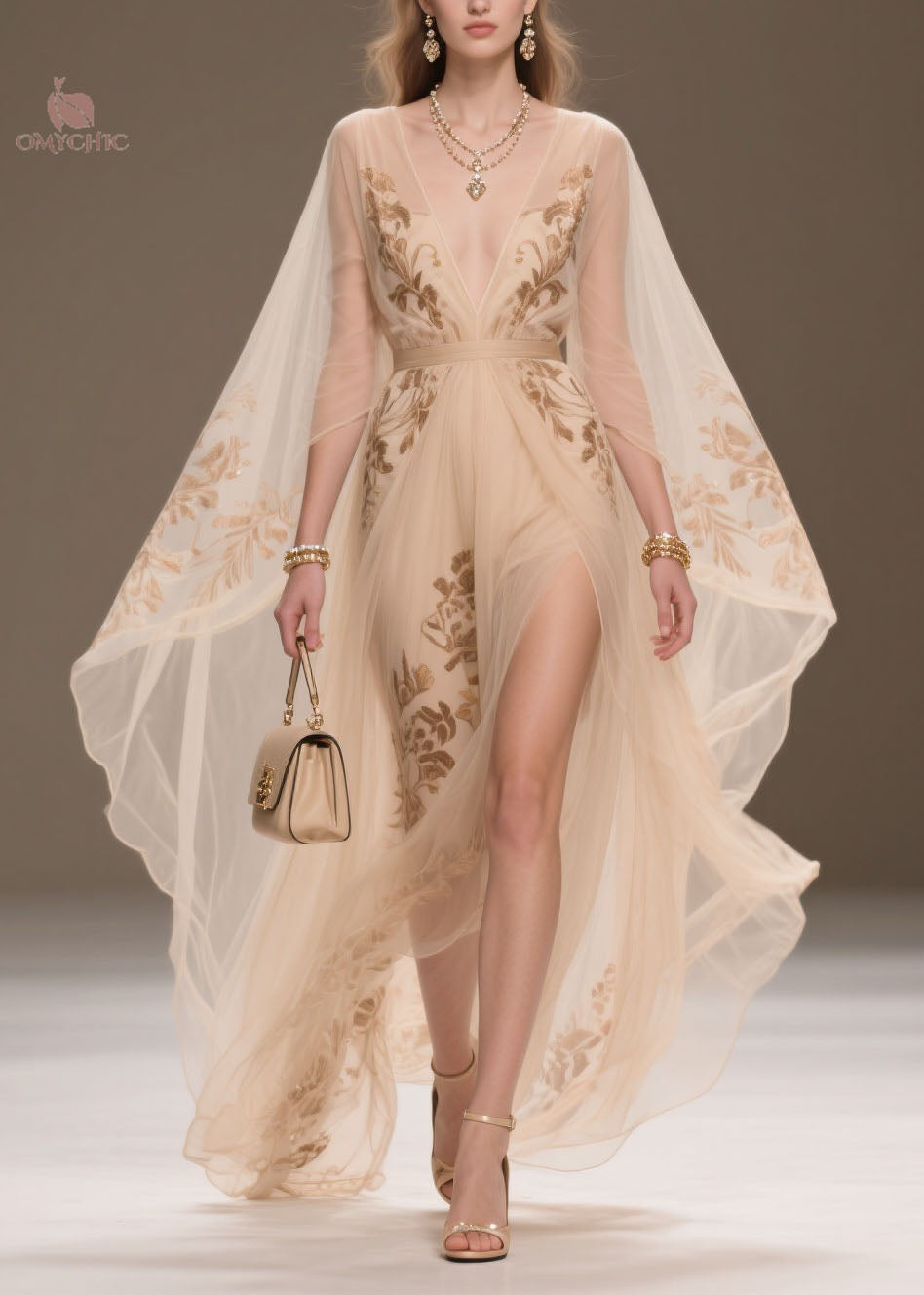 Organic V Neck Print Side Open Chiffon Party Dress Summer