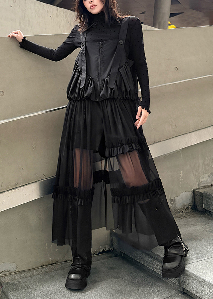 Original Design Black Ruffled Patchwork Tulle Strap Dress