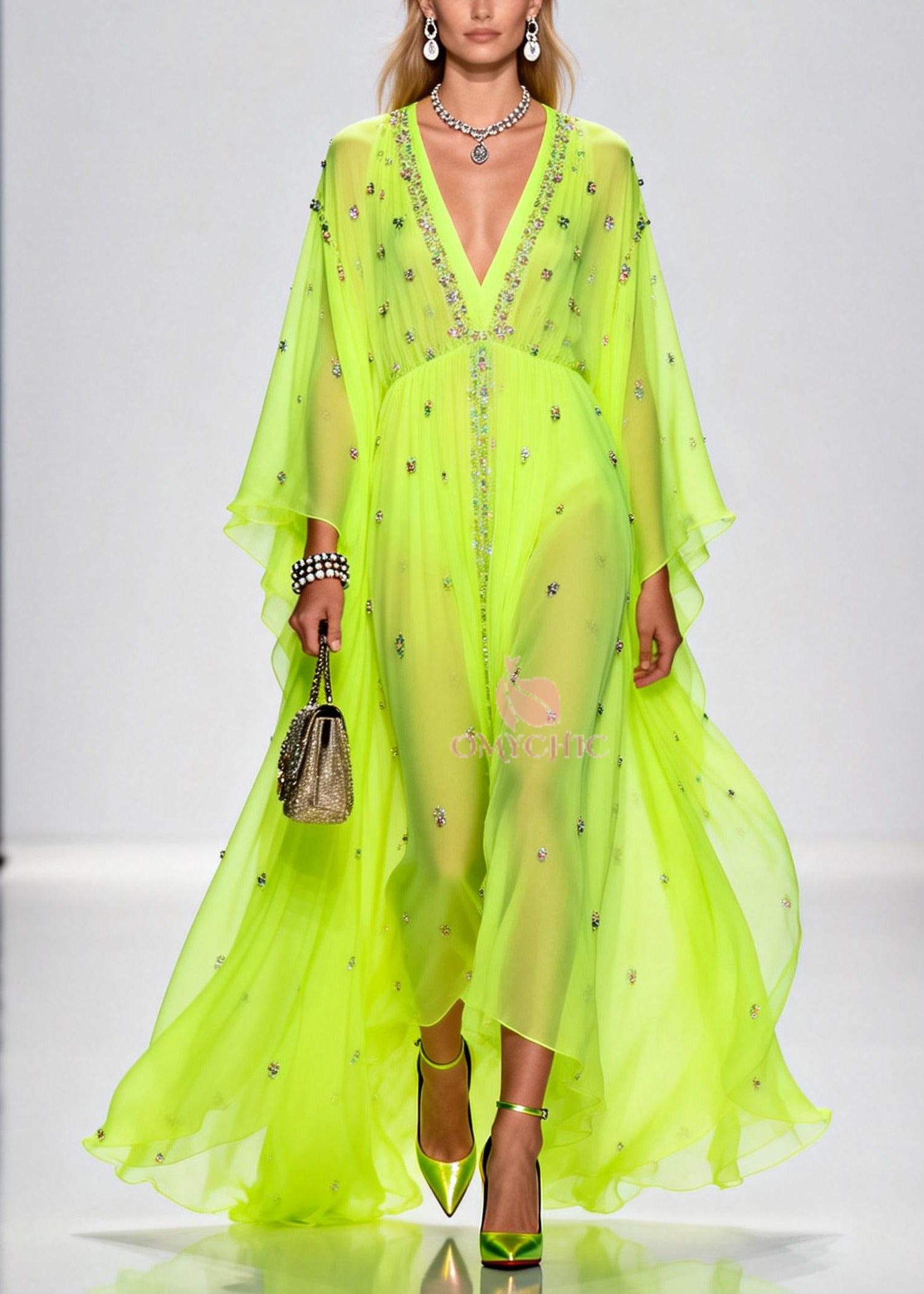 Original Design Fluorescent Green Rhinestone Exra Large Hem Chiffon Party Dresses Summer