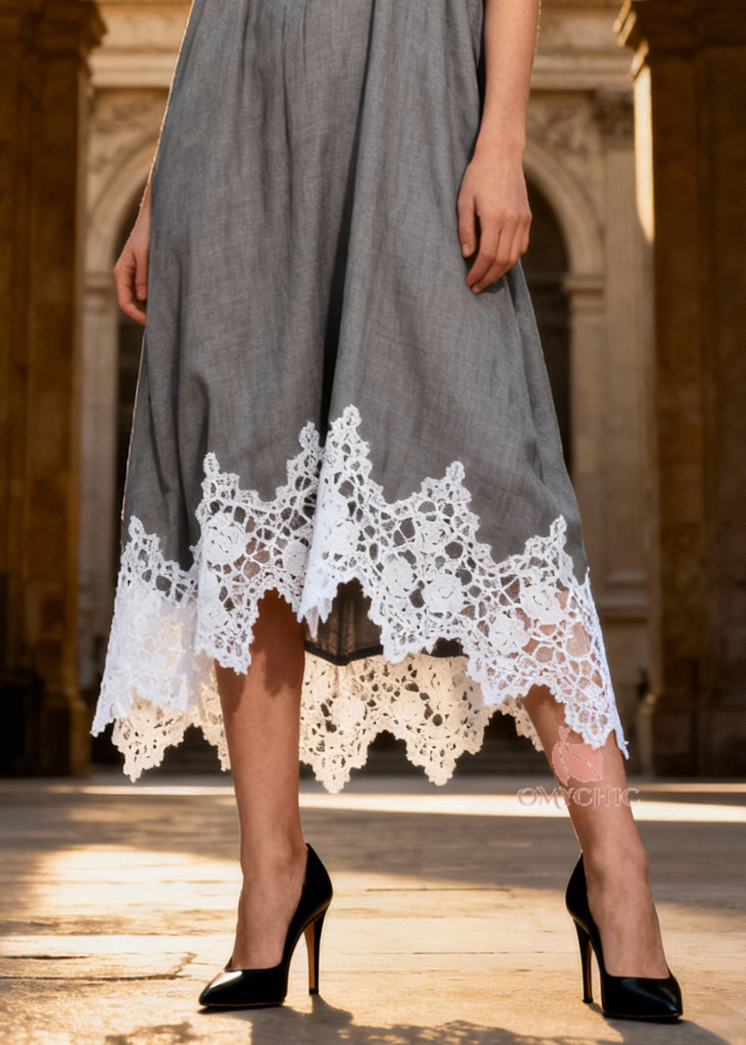 Original Design Grey Halter Lace Patchwork Long Dress Summer