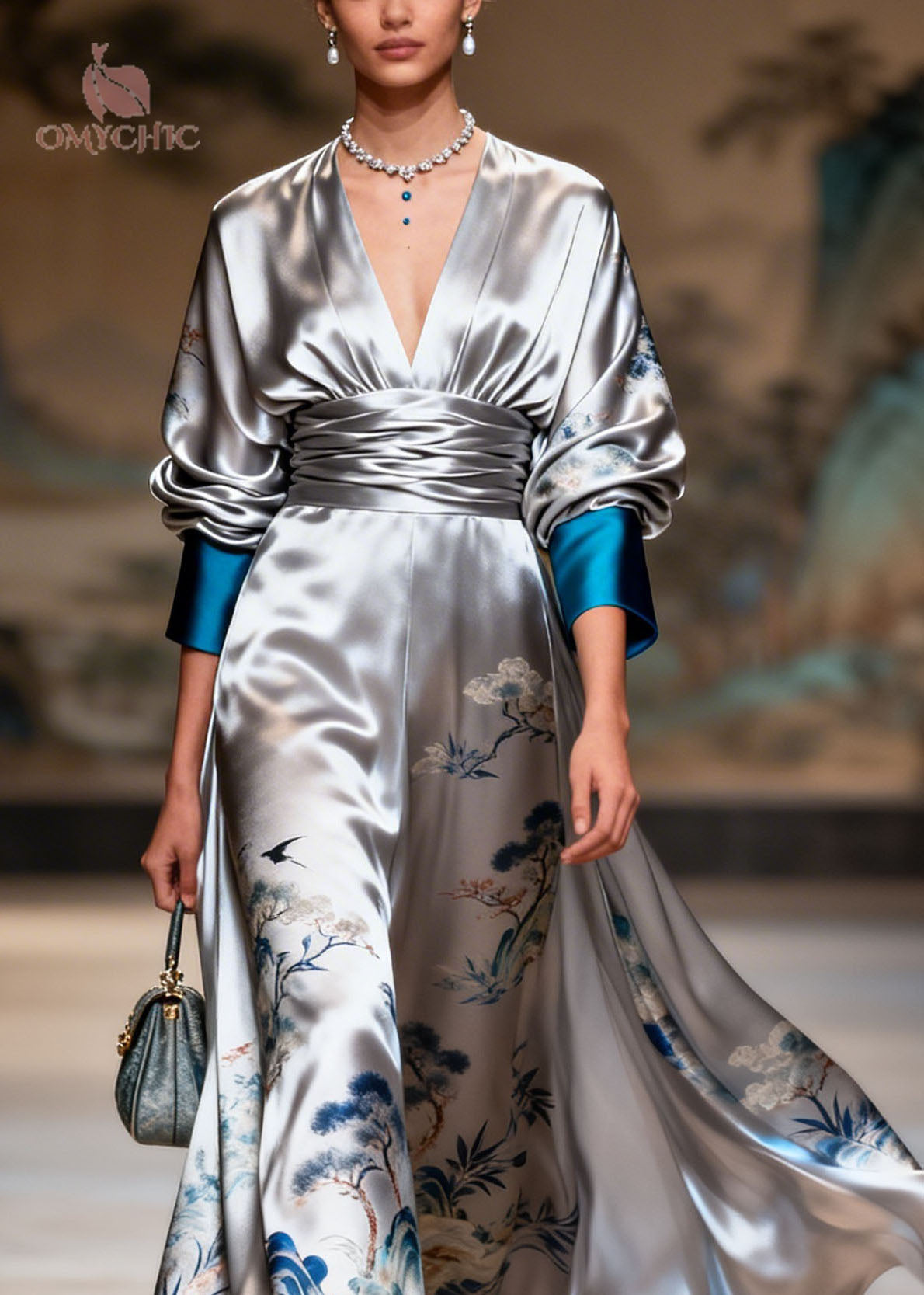 Original Design Grey V Neck Print Patchwork Silk Long Dress
