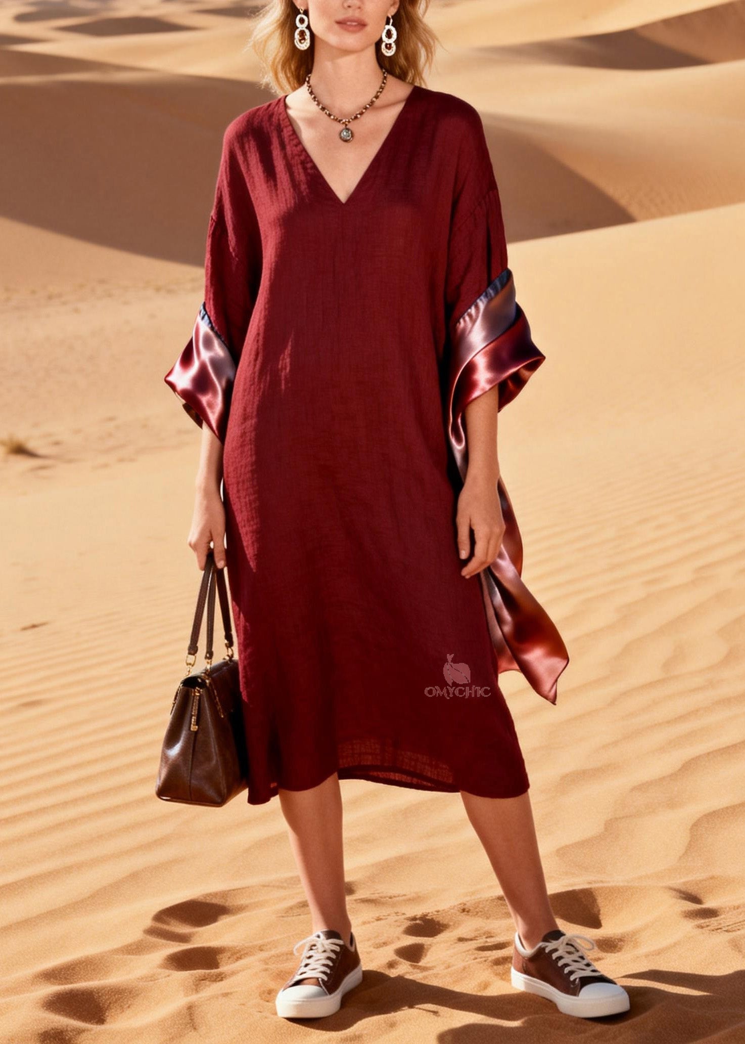 Original Design V Neck Silk Patchwork Linen Dress Summer