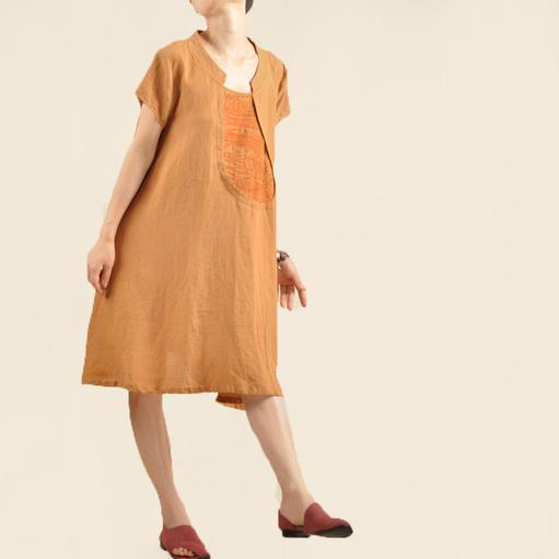 Oversize yellow cotton sundress linen shirt dress short sleeve