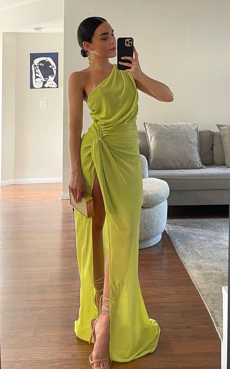 Fashion Green High Slit One Shoulder Pleated Chiffon Long Prom Dress Evening Dress