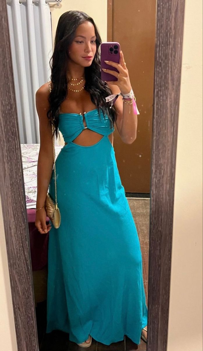 Sexy Lake Blue Slim-fit Tube Top With Hollow Chest Cotton Long Prom Dress Evening Dress