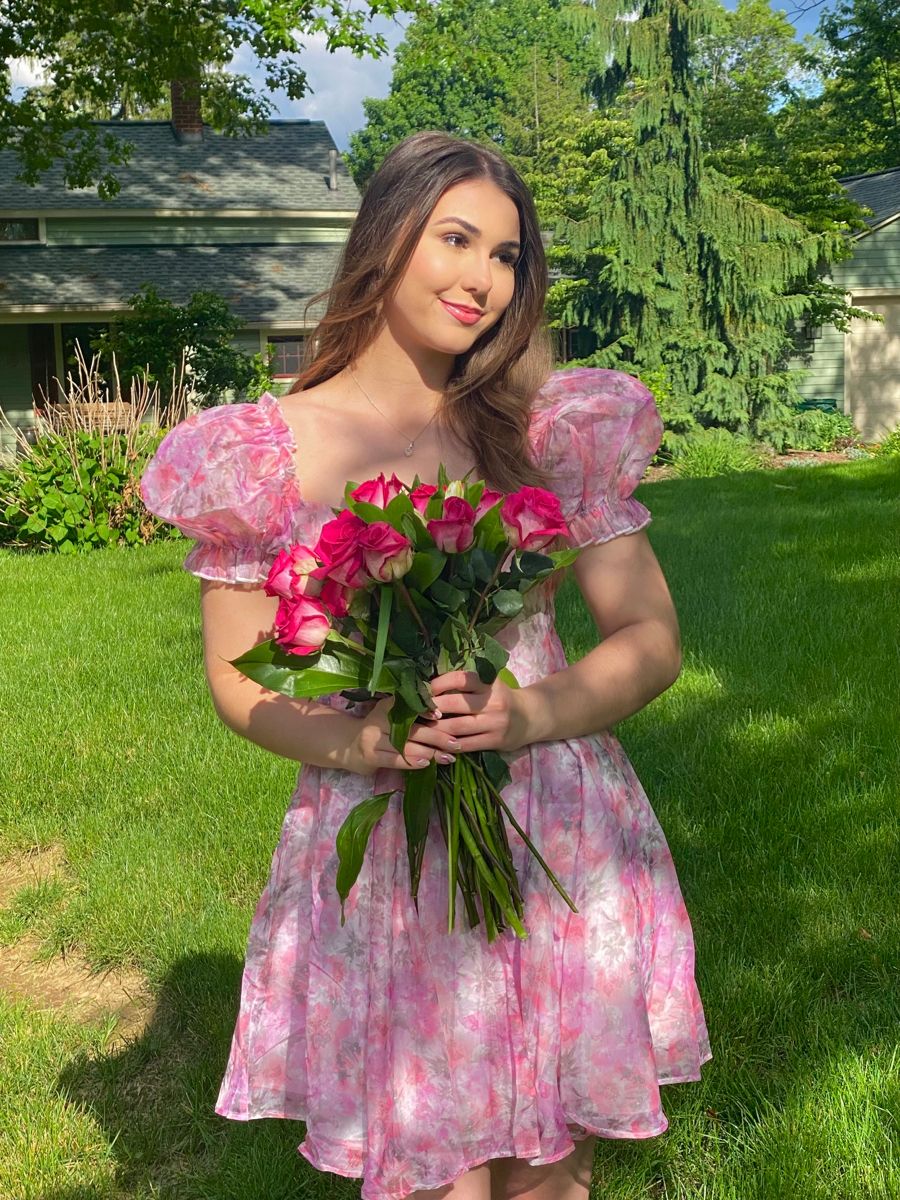 Sweet Pink Printed Puff Sleeve Waist Tulle Birthday Party Homecoming Dress